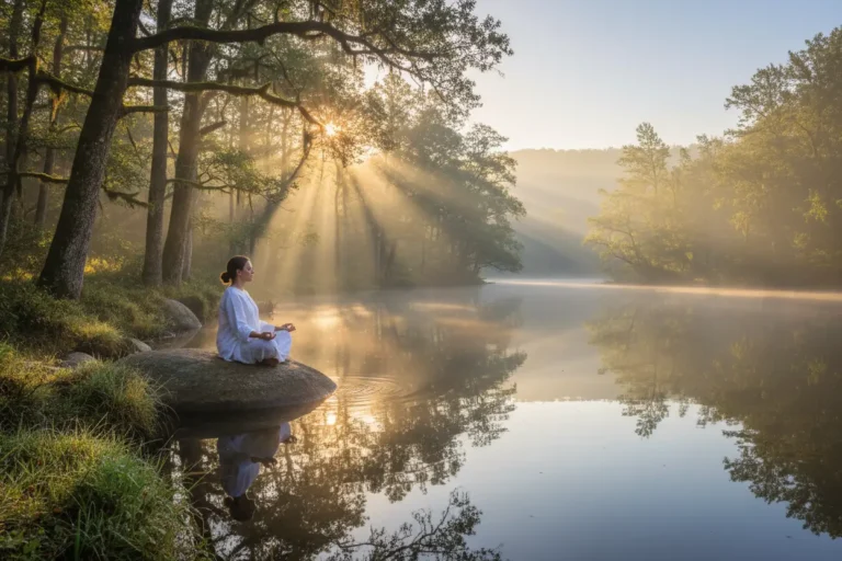 Paisagem serena ao amanhecer, transmitindo calma e esperança.