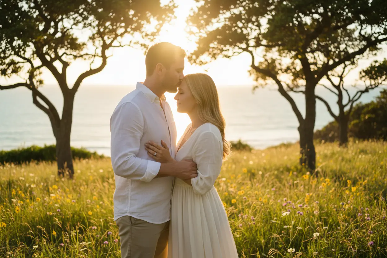 Marido beijando a testa da esposa em um momento romântico