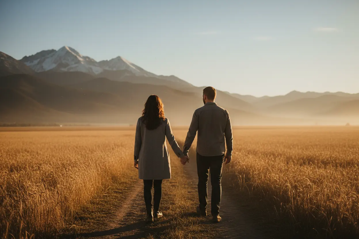 Casal de mãos dadas em paisagem, simbolizando amor eterno