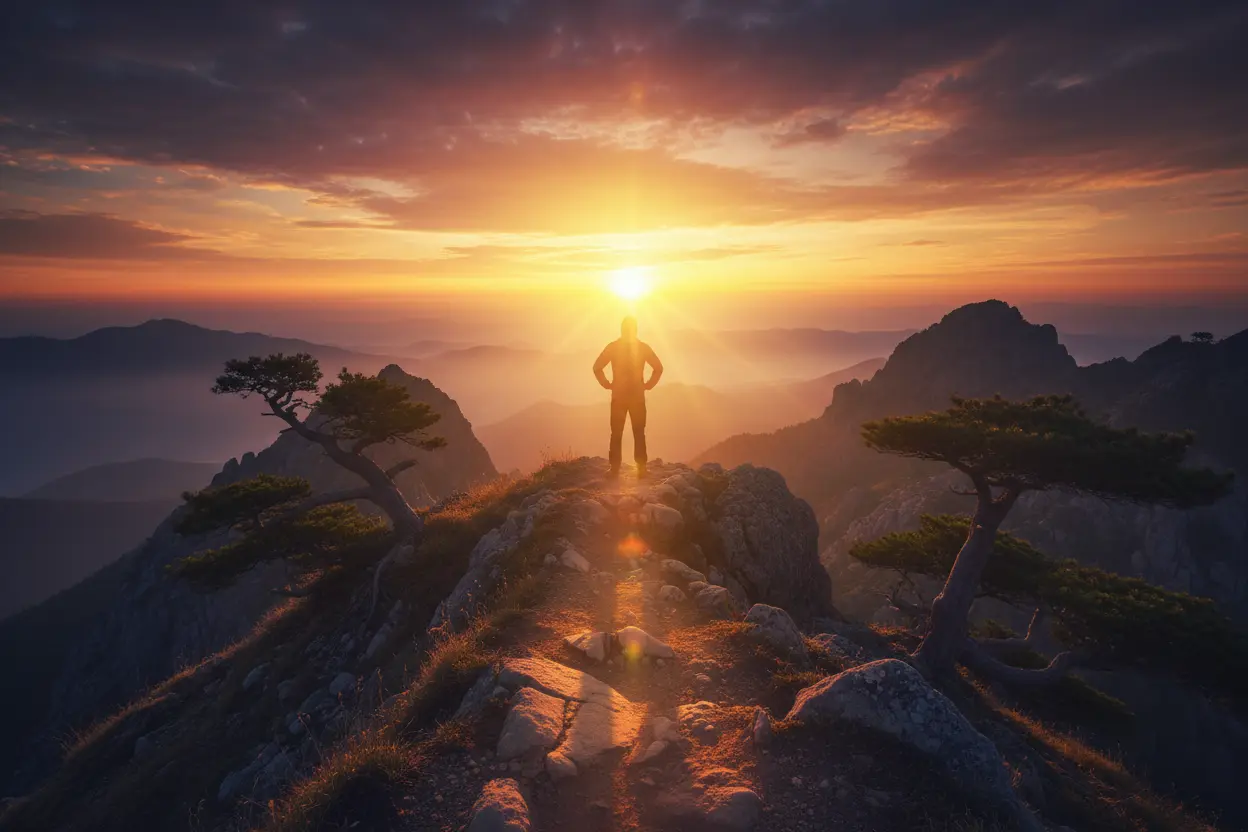 Pessoa no topo da montanha com luz interior