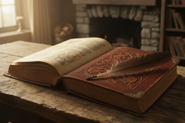 Un vieux livre ouvert sur une table en bois avec une plume symbolisant la sagesse et l'inspiration.
