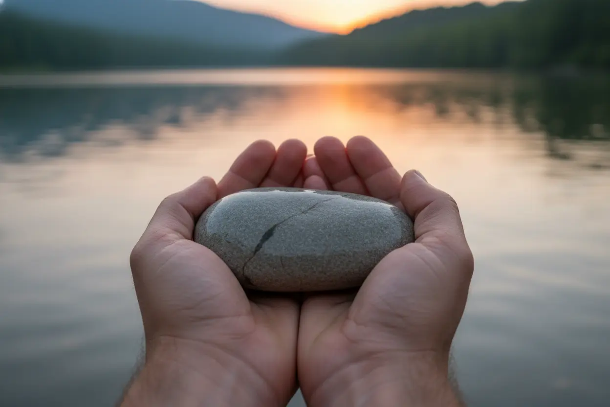 Mãos segurando pedra lisa, símbolo de calma