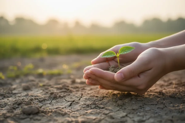 Manos que sostienen un arbolito verde, simbolizando frases sobre volver a empezar después de que todo se derrumbe.