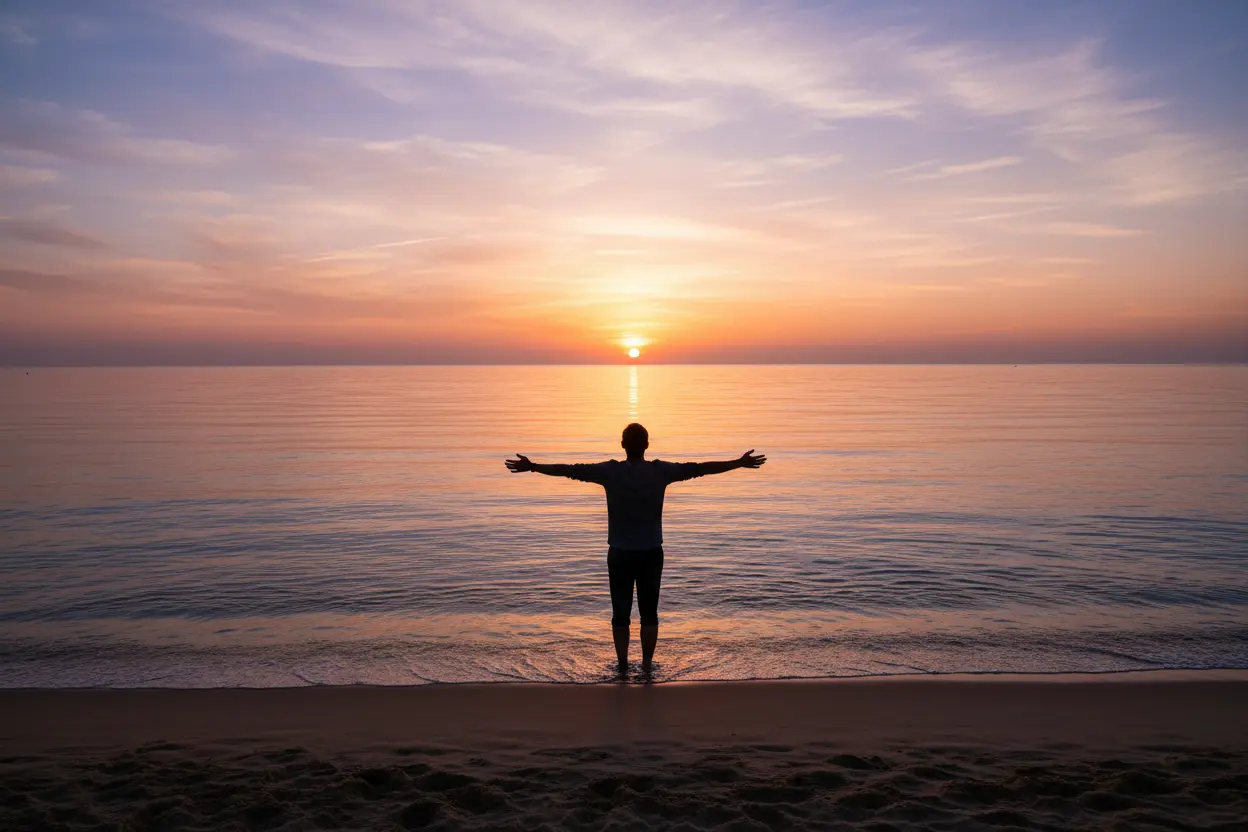 um homem e frente ao mar com os braços estendidos olhando o por do sol