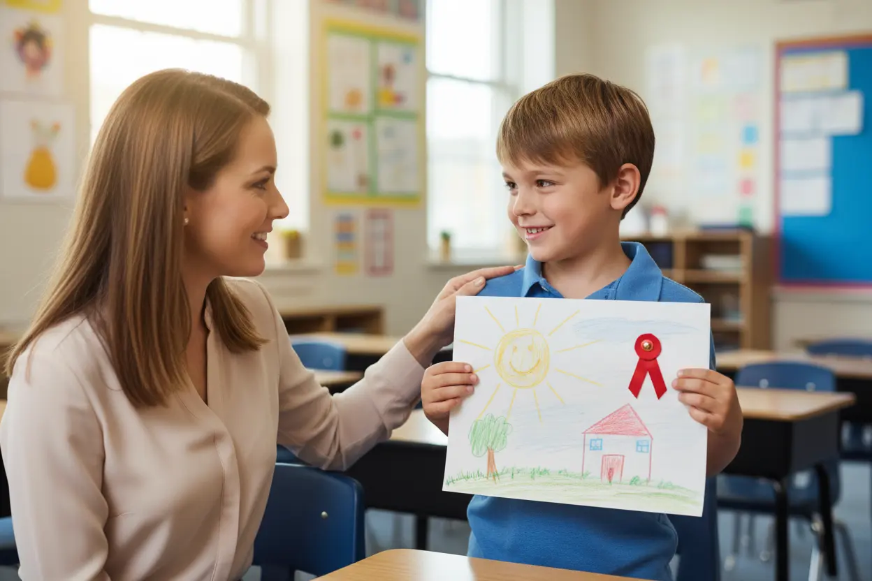 Professor celebrando o progresso de um aluno na sala de aula