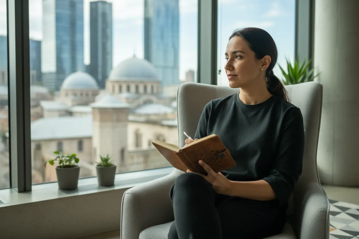 Pessoa pensativa em um apartamento moderno, com um caderno, refletindo sobre sabedoria antiga.