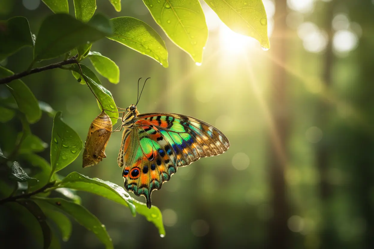 borboleta pousada em um casulo em uma planta com suas folhas