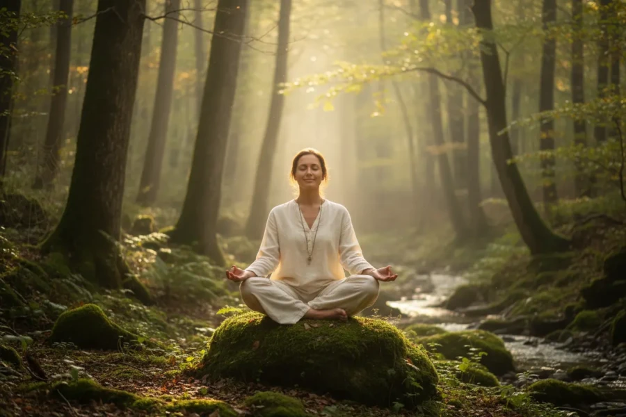 A woman meditating in a forest, symbolizing that silence is the best answer.