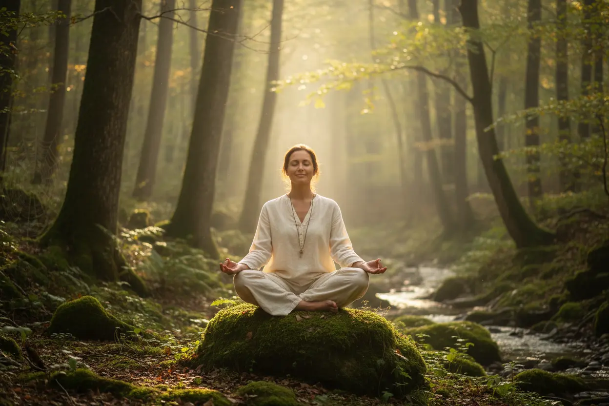 Mulher meditando em floresta, simbolizando que o silêncio é a melhor resposta.