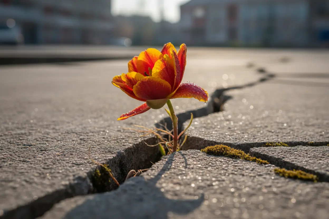 Uma flor desabrochando no concreto, mostrando a força de não tentar agradar todo mundo.