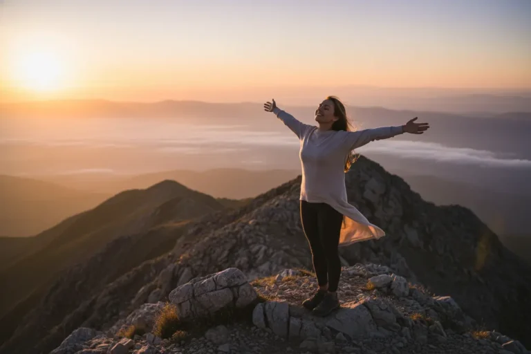 Uma pessoa no topo de uma montanha, simbolizando a liberdade de não tentar agradar todo mundo.