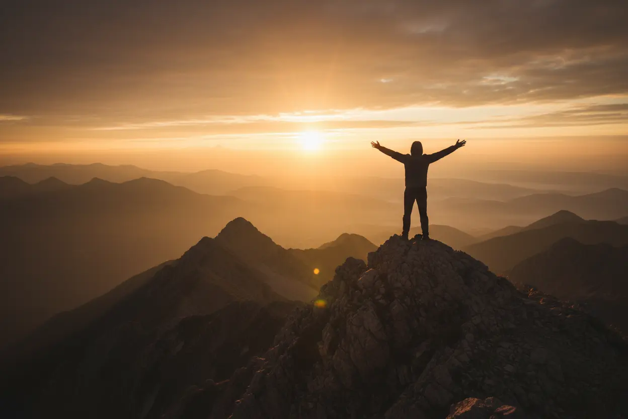 Pessoa no topo da montanha ao nascer do sol, representando uma mensagem de superação.