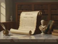 Pintura a óleo de pergaminho de Sêneca, busto, livros, tinteiro sobre mármore.