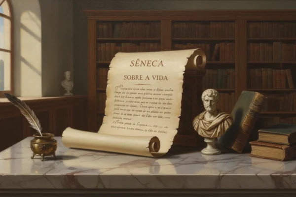 Pintura a óleo de pergaminho de Sêneca, busto, livros, tinteiro sobre mármore.