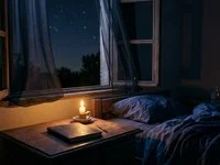 Janela aberta para um céu estrelado ao lado de uma vela acesa sobre uma mesa de cabeceira