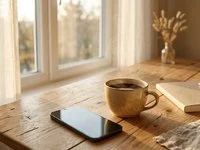 Smartphone de tela apagada ao lado de uma xícara de café sobre mesa de madeira, com luz suave de manhã