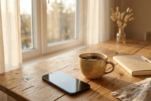 Smartphone de tela apagada ao lado de uma xícara de café sobre mesa de madeira, com luz suave de manhã