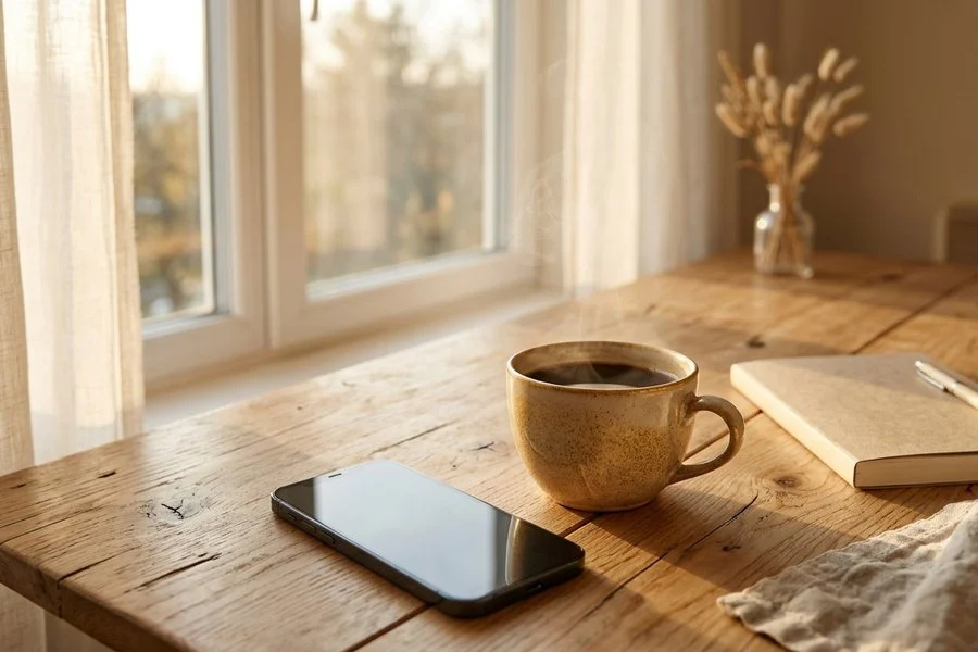 Smartphone de tela apagada ao lado de uma xícara de café sobre mesa de madeira, com luz suave de manhã