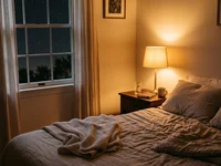 Quarto à noite com abajur aceso sobre a mesa de cabeceira, cobertor claro e janela com céu estrelado