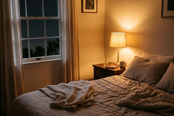 Quarto à noite com abajur aceso sobre a mesa de cabeceira, cobertor claro e janela com céu estrelado