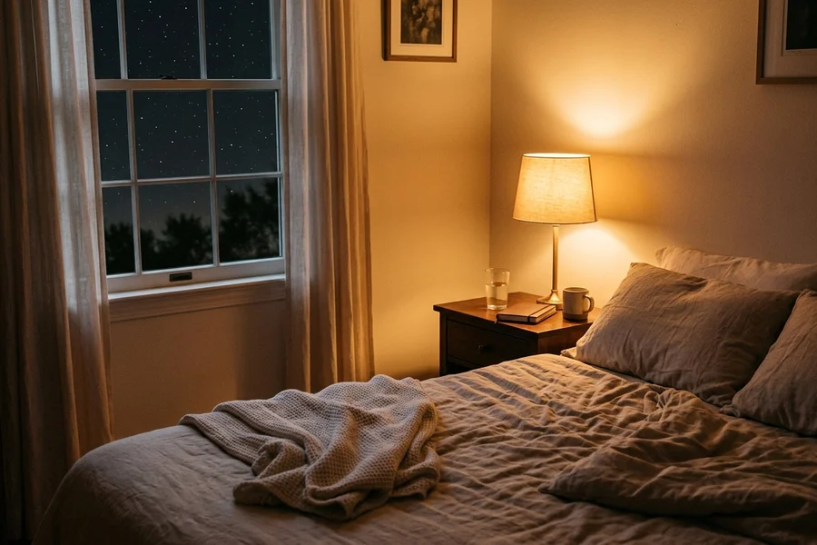 Quarto à noite com abajur aceso sobre a mesa de cabeceira, cobertor claro e janela com céu estrelado
