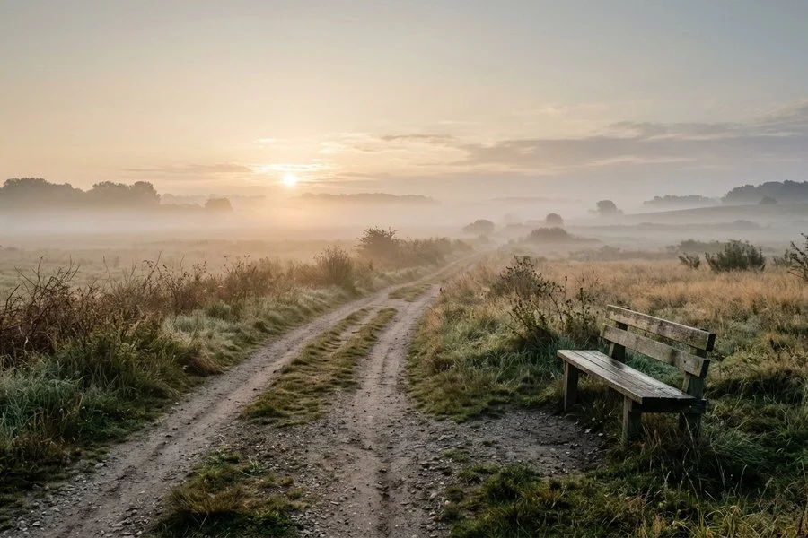 Caminho de terra cercado de campo aberto, com neblina leve e o sol nascendo no horizonte