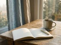 Xícara de café fumegante e caderno aberto em branco sobre mesa de madeira junto a uma janela iluminada pelo sol da manhã