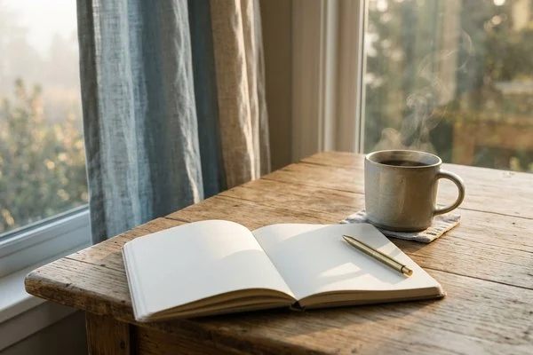 Xícara de café fumegante e caderno aberto em branco sobre mesa de madeira junto a uma janela iluminada pelo sol da manhã