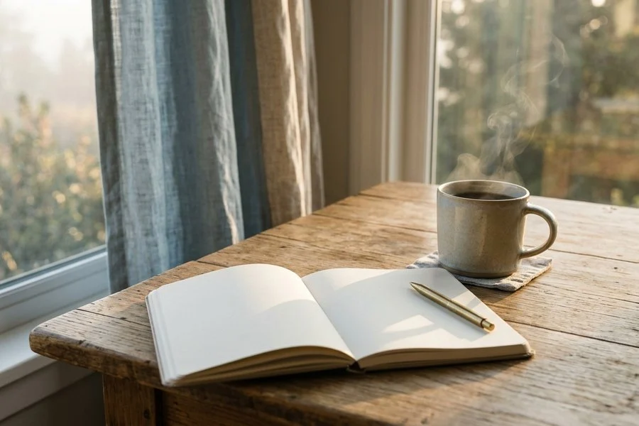 Xícara de café fumegante e caderno aberto em branco sobre mesa de madeira junto a uma janela iluminada pelo sol da manhã