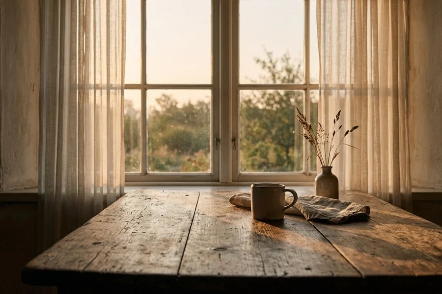 A peaceful dawn with soft light streaming through a window onto a wooden table. Description: A tranquil morning scene that illustrates the theme of a Monday with no energy.
